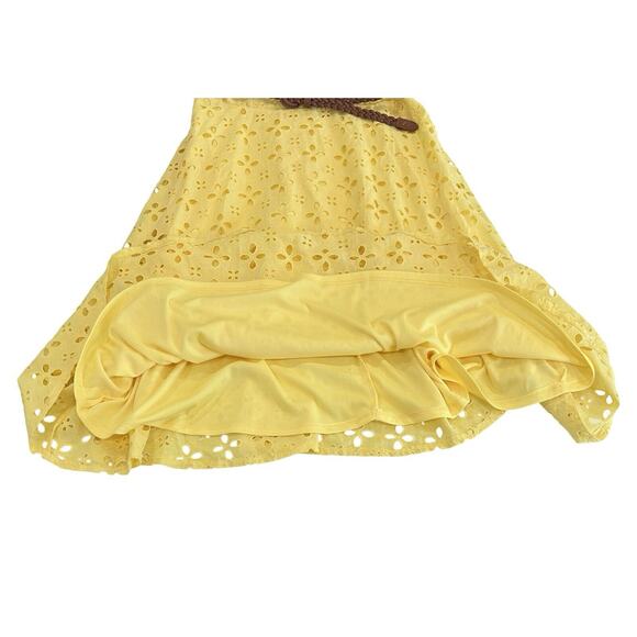 DB Dress Barn Eyelet Shift Dress Size 10 Yellow Cotton Sleeveles Lined Belted - Picture 4 of 5